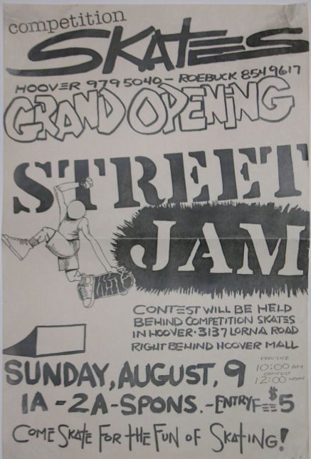 Grand Opening Comp Skates in Hoover flier @ 1988 (art by John Waight)