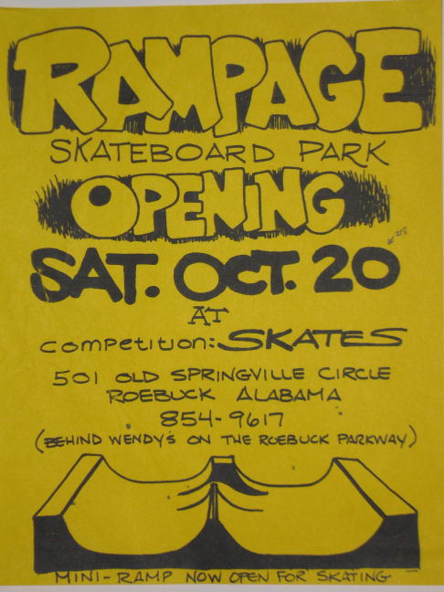 flier for Grand Opening of Rampage skate park @ Oct 20, 1988 (art by John Waight)
